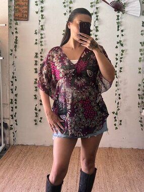 Vintage Candie's peacock printed butterfly sleeve pink and purple tunic